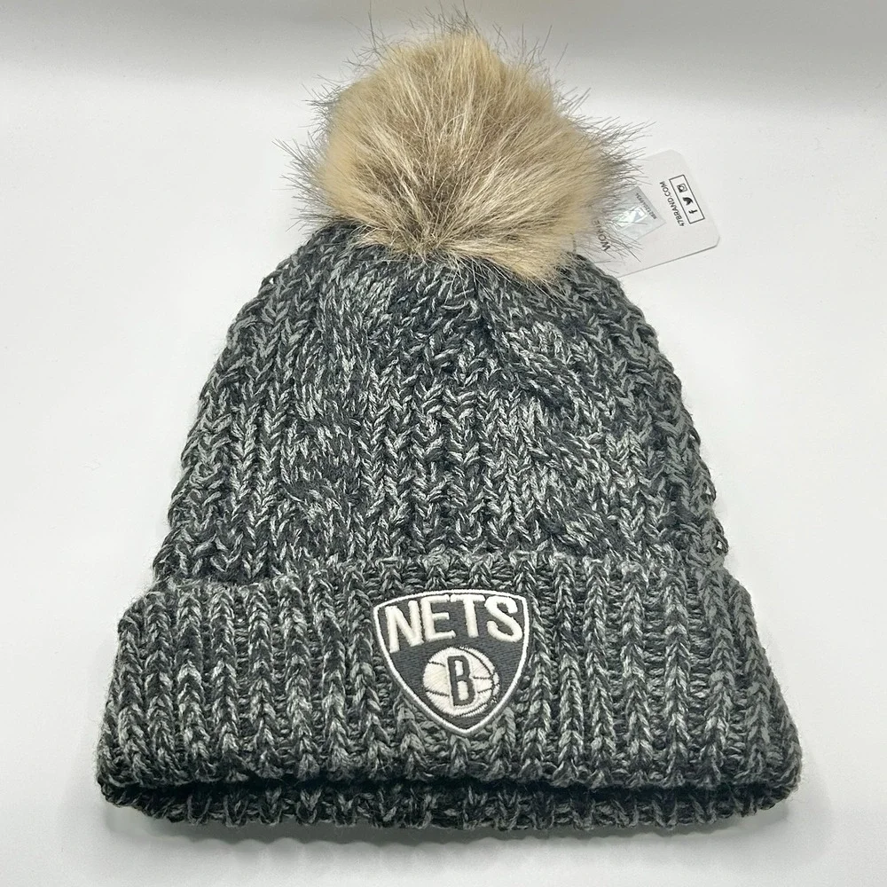 Brooklyn Nets '47 Brand Women's Pom Beanie Hat Cap Knit Cuff Black NBA Sports